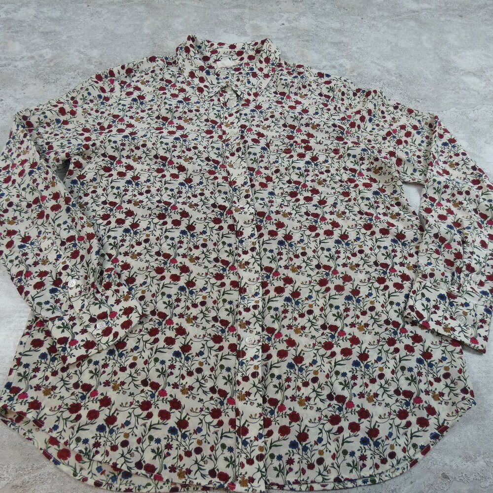 A Loves A Shirt Large White Red Floral Silk Cottage Core Lightweight